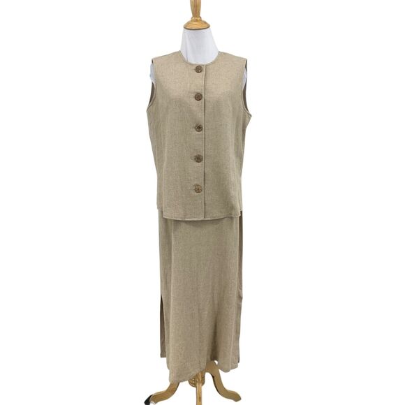 John Roberts Top Dress Set Womens 8 Stone Linen Blend Button Front Vest Midi - Picture 1 of 16